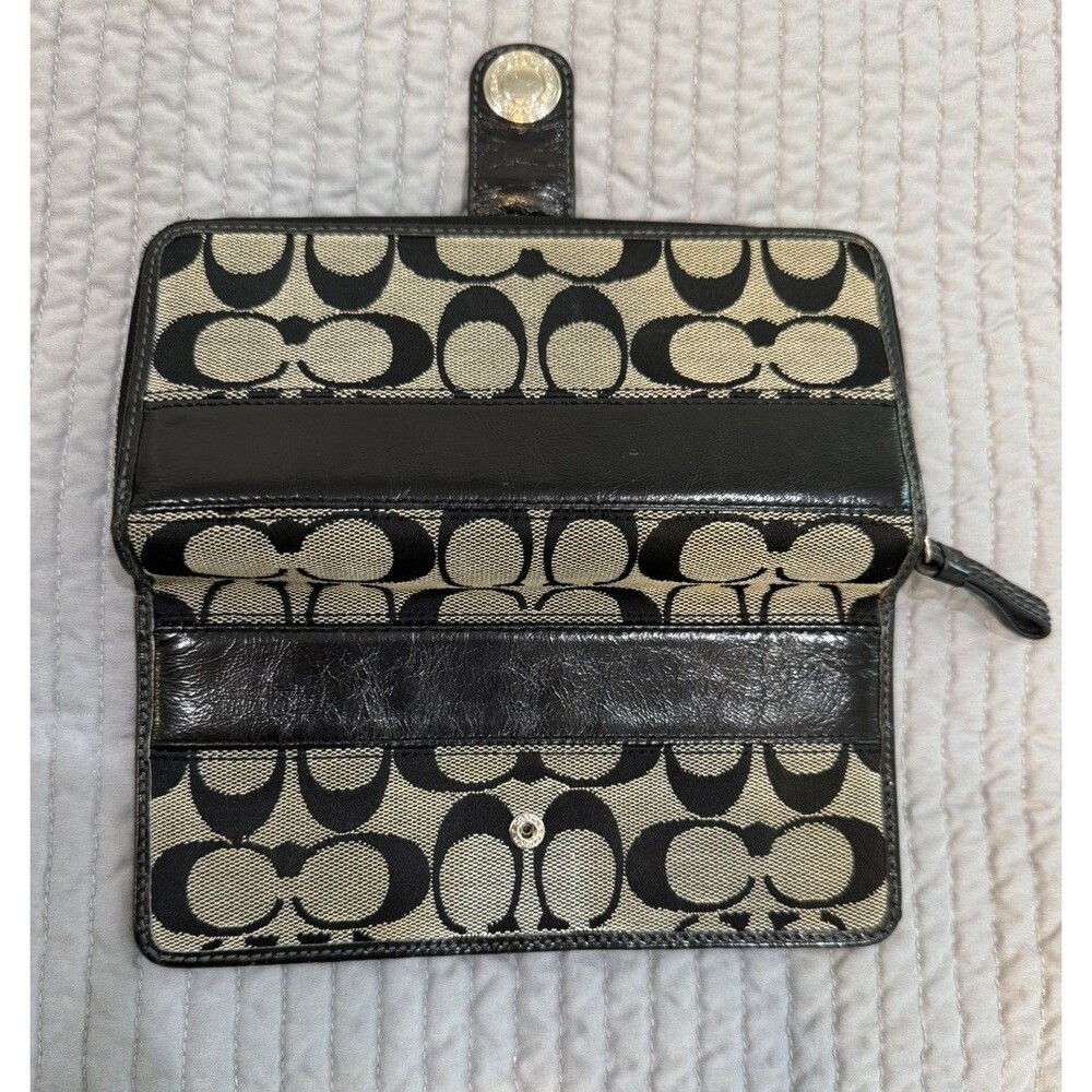 Coach Signature Jacquard Checkbook Wallet Black Leather Zip Around Organizer - Picture 9 of 16
